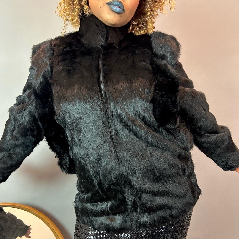 Vintage 80s Avant-Garde Black Angora Zip-Up Rabbit Fur Coat